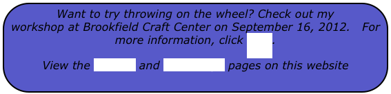 Want to try throwing on the wheel? Check out my workshop at Brookfield Craft Center on September 16, 2012.   For more information, click here.
View the Classes and Workshops pages on this website